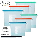 JSD 6 Pack Reusable Silicone Food Storage Bags | Leak Proof | Air Tight Seal | Food Saver | Eco-Friendly Food Preservation Bags | Works Great For Heating | Steaming | Freezing | 2 FREE EXTRA SEALERS