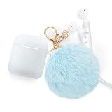 Airpods Case - BlUEWIND Drop Proof Air Pods Protective Pom Pom Keychain Case Cover Silicone Skin for Apple Airpods 2 & 1 Charging Case, Cute Fur Ball Airpods Keychain/Strap, Glitter Light Blue