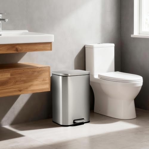 12L Stainless Steel Trash Can for Kitchen, Office, Bathroom – Rectangular, Soft-Close Lid, Foot Pedal, Removable Bucket, Fingerprint-Proof, Space-Saving,Silver
