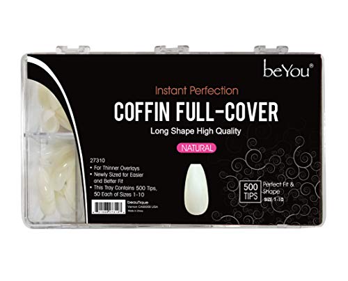 beYou Natural Coffin 500 Nail Tips 10Sizes,Long Ballerina Nails Full Cover Acrylic Nail Tips With Clear Plastic Case (Clear Coffin)