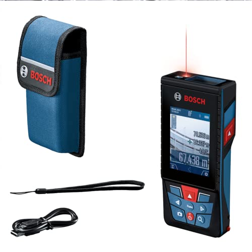 Bosch Professional Laser-Entfernungsmesser GLM 150-27 C (integrierte Kamera, integrierter 3,6V Akku, Reichweite: bis zu 150 m, robust, IP54, ± 1,5 mm, Schlaufe, Tasche) Blau, Green Laser