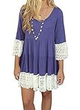 FANOVI Women's 3/4 Flare Sleeve Scoop Neck Crochet Lace Splice Loose Mini Dress