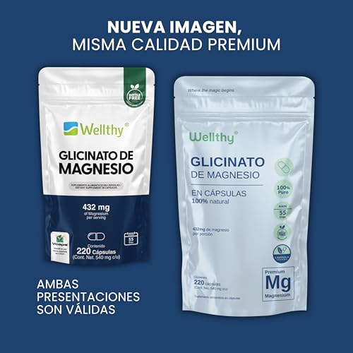 Wellthy Glicinato de Magnesio 220 Cápsulas 432mg. 100% Natural, Alta Absorción, Cápsulas Veganas, Bottle Free.