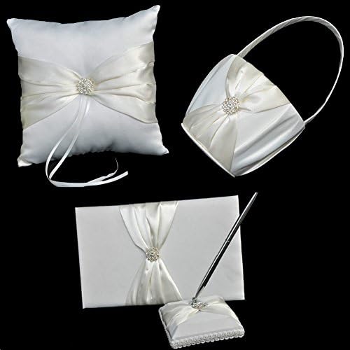 Teasun 1 Wedding Guest Book + 1 Pen Set + 1 Flower Girl Basket + 1 Ring Bearer Pillow ,Ivory