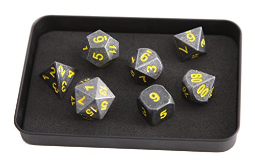Forged Dice Co. Metal Iron Silver with Yellow Numbers Set of 7 Polyhedral Dice with Dragon Logo Tin Case Compatible with RPG games like Dungeons and Dragons, DnD, and Pathfinder