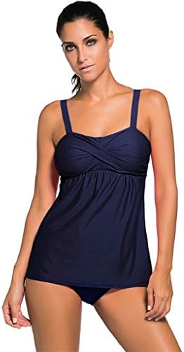 Aozen Women Retro Two Pieces Swing Tankini Set Solid Ruffle Bikini Top With Triangle Bottom 41933