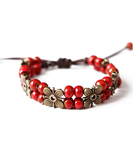 Winter's Secret Handmade Ancient Ceramic Beaded Flower Temperament Red Wrap Bracelet