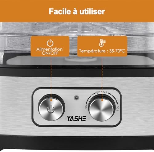 GGJ-261A Déshydrateur Alimentaire, 5 Plateaux Réglables en Hauteur, Contrôle de la Température de 35 à 70°C, Deshydrateur de 240 Watts pour Fruits et Légumes, Sans BPA