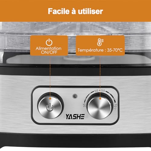YASHE GGJ-261A Food Dehydrator, 5 Height Adjustable Trays, Temperature Control from 35 to 70°C, 240 Watts Deshydrator for Fruits and Vegetables, BPA Free