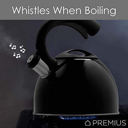STAINLESS STEEL WHISTLING TEA KETTLE By Premius, Durable Construction And Elegant Design, Cool Touch Grip Handle And Lid, Pleasant Sounding Whistle, Stovetop Teakettle, 3.2 Quarts (Black)