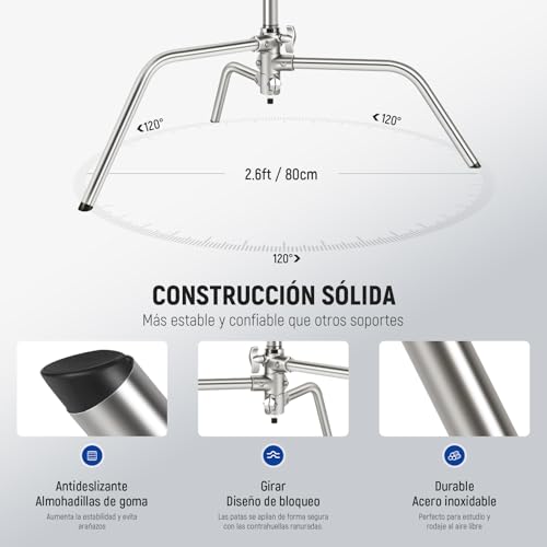 NEEWER Pro 100% Acero Inoxidable Resistente Soporte C con Brazo de Pluma, Altura Máx 68"/172cm Soporte de Luz Fotografía con Brazo 2.7ft/83cm, 2 Cabezales para Monoluz, Softbox, Reflector, SC172