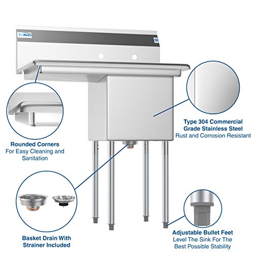 KoolMore 1 Compartment Stainless Steel NSF Commercial Kitchen Prep & Utility Sink with Drainboard - Bowl Size 15" x 15" x 12" - Thumbnail 3