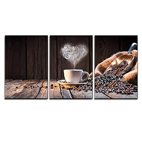 3 Piece Canvas Wall Art - Traditional Coffee Cup with Heart-Shaped Steam on Rustic Wood - Modern Home Art Stretched and Framed Ready to Hang - 16"x24"x3 Panels