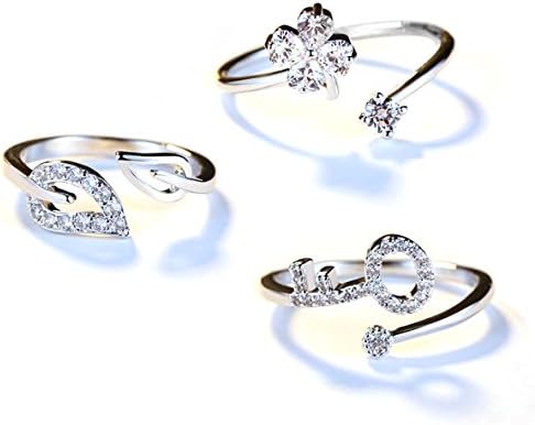 Finov Women Jewelry Pack of 3 White Gold Plated Crystal Knuckle Ring Set, Leaf, Key, Four Leaf Clover