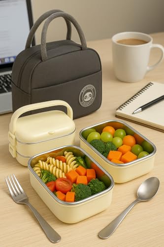 BitBloom Stainless Steel Lunch Box - 1400ml 2 -Layer Bento Box with Insulated Bag, Spoon & Fork, Leakproof, BPA-Free, Dishwasher Safe - Ideal for Kids & Adults, Office, School, Travel (Cream White)