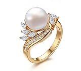 Vnox 18K Gold Plated Copper Cubic Zirconia Man-made Pearl Ring, Size 6-8