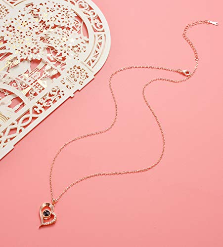 Tornito Gold Plated 100 Languages I Love You Memory Necklace Projection Pendant Necklace for Women (B1:Heart Shape, Rose Gold Tone)