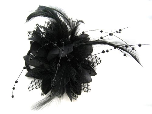 Flower Feather Bead Corsage Hair Clips Fascinator Hairband and Pin (Black) — image 1