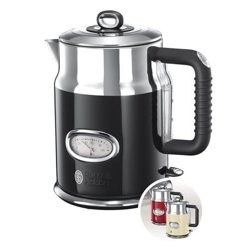 Russell Hobbs Wasserkocher [1,7l, 2400W] Retro Schwarz & polierter Edelstahl (Schnellkochfunktion, Wassertemperaturanzeige im Retrodesign, außenliegen