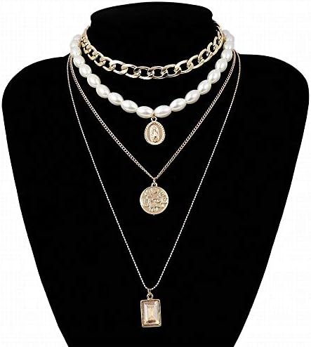 Ysprings Woman Retro Gemstone Necklace Sweater Chain Personality Temperament Multi-layer Pearl Necklace (Color : Golden)