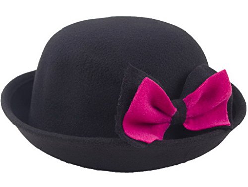 Smile YKK Girl's Faux Wool Felt Bowknot Bowler Bucket Cloche Hat Trilby Fedora Black