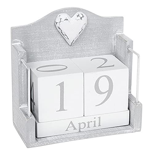 Joe Davies Provence Cool Grey Perpetual Calendar With White Shabby Chic Heart Decoration - 12 x 12 x 6cm