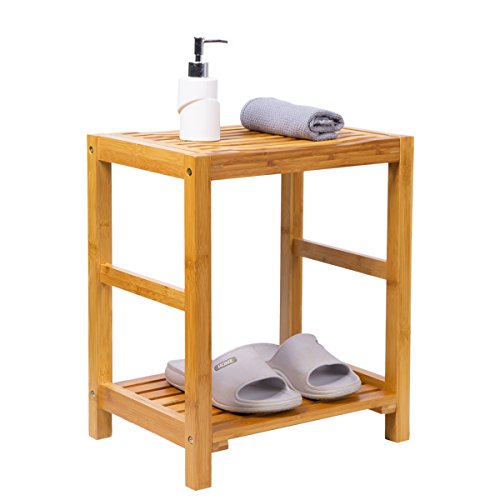 Shower Bench Seat & Bath Spa Shaving Stool with Storage Shelf, Sturdy & Waterproof Bamboo Bathroom Fixtures