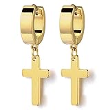 Pair Stainless Steel Gold Huggie Hinged Hoop Earrings with Cross Men Women Boys