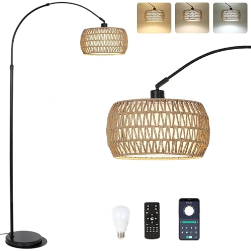 Homodoskey Arc Floor Lamp for Living Room with 3 Color Temperatures,Floor Lamps with Remote & Dimmable Bulb, Boho Standing Lamp with Rattan & Fabric Shade, Adjustable Tall Lamp for Bedroom, Office (A)