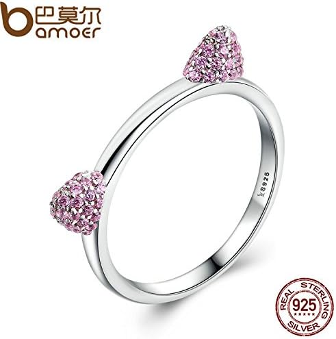 Slyq Jewelry Authentic Real 925 Sterling Silver Cute Cat Ears Pussy Ears,Pink CZ Ring for Women Wedding Jewelry