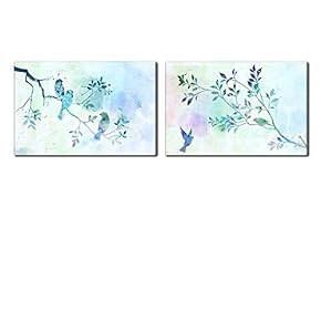 Canvas Wall Art - Watercolor Style Painting of Blue Birds and Tree Branches - Giclee Print Gallery Wrap Modern Home Art Ready to Hang - 16"x24" x 2 Panels