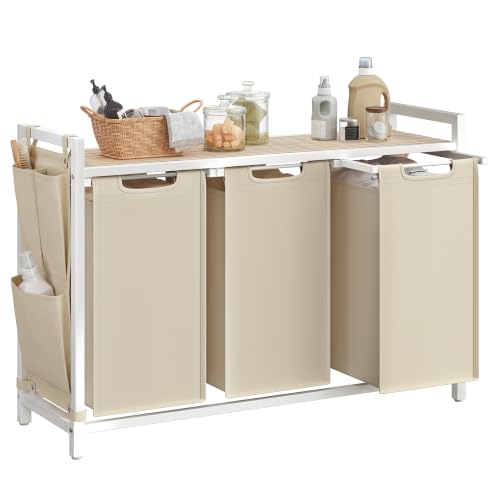 VASAGLE Wäschekorb 3 Fächer, mit Ablage, 120 L