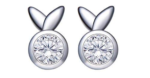 Mimei Silver Rabbit Earrings, 925 Sterling Silver Stud Earrings for Girls with Cubic Zorconia in Velvet Box
