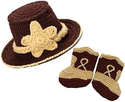 Newborn Boy Girl Crochet Cowboy Cowgirl Hat and Boots Slipper Photo props Brown