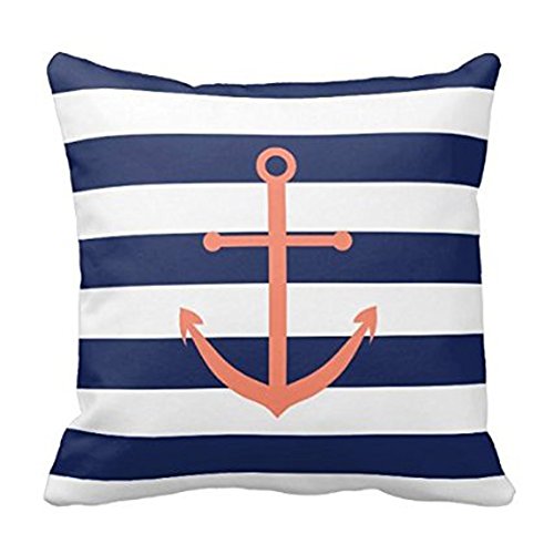 Lovest Home Style Fashion Pillowcase Navy Blue and Coral Anchor Pillow Cover Cushion Case Cotton Standard Size 16 x 16 with Invisible Zipper