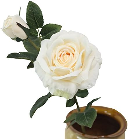 JAROWN Artificial Rose Silk Flowers Fake Leaves Long Branches for Home Wedding Decoration (White)