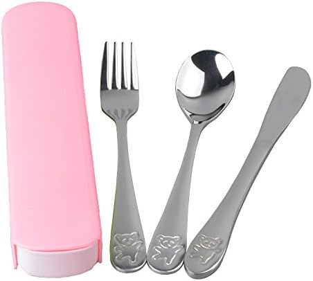Dovia Stainless Metal Utensil Set, Bear Model, 3-Piece Flatware includes Spoon, Fork, Butter Knife, Colorful Cases (Pink)