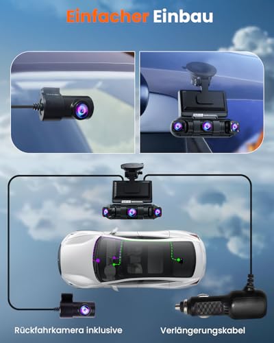 360° Dashcam Car, 4-Channel Wireless 2K Dashcam, 2K+1080P*3 Resolution, Built-in Wi-Fi & App, G-Sensor, 8 IR Night Vision LEDs, Includes 64GB SD Card