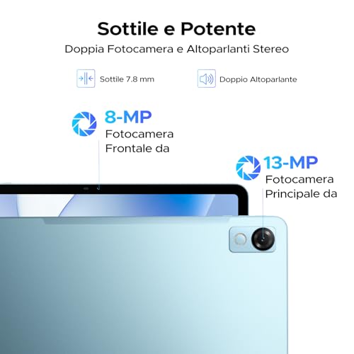 Luzglo P12 Android 16 Tablet 12 Pollici, T7280 Octa-Core, 48GB RAM+128GB ROM/2TB TF, IPS 2.4K Display 120 Hz, 10000 mAh,WiFi5, 8MP+13MP,Gemini AI, Tablet con Tastiera, Face ID/GPS/OTG/FM, Blu
