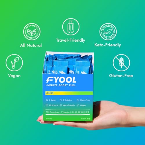 Fyool Hydration Electrolyte Powder | Electrolytes + Vitamins & Minerals | Zero Sugar & Calories | Energy Boost | Gluten-Free | Travel Essentials | Lemon Flavour | 30 Stick Packs