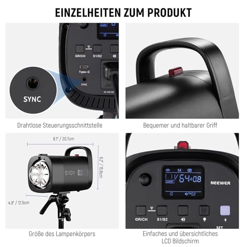 NEEWER 800Ws Studio Monolight Strobe Flash Set: Pack of 2 S101-400W PRO 5600K Flash Light Studio with 2.4G Trigger / 150W Setting Lamp / Bowens Mount / Softbox / Stand / Reflector / Bag, Compatible with QPRO