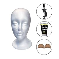 Styrofoam Mannequin Head with Female Face (Including Got 2b Ultra Glued Invincible Styling Hair Gel, Mannequin Wig Head Stand & Nude Beige Wig Caps) Wig Styling & Display Mannequin Kit