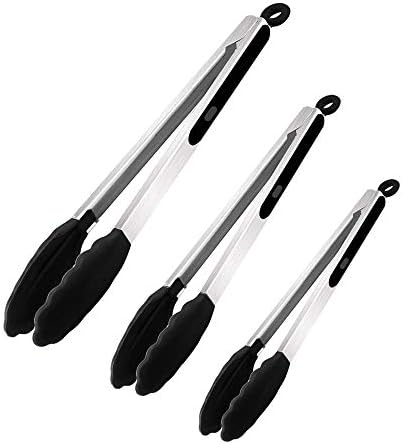 Kuger Stainless Steel Kitchen Tongs Set with Silicone Tips, Non-Stick Heat Resistant Barbecue Tongs (Black/3-Piece)