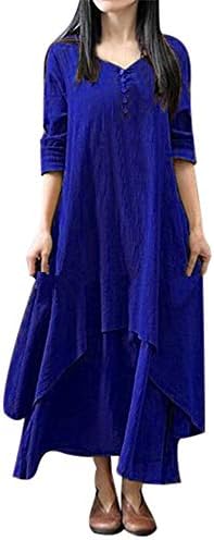 Clearance!Connia Women Cotton Linen Boho Maxi Irregular Overlapp Dress Fall Elegant Casual Button Daily Loose Dresses