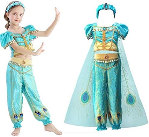 Jasmine Costume for Girls Arabian Princess Dress Up Halloween Cosplay Peacock Outfit 4PCS