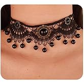 Jumwrit Gothic Black Lace Choker Necklace Beads Tassel Pendant Necklace Sexy Halloween Crystal Collar Necklace for Women