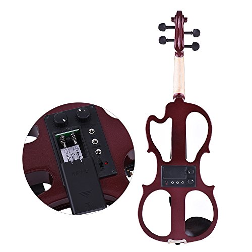 VE-201 Full Size 4/4 Solid Wood Silent Electric Violin Fiddle Maple Body Ebony Fingerboard Pegs Chin Rest Tailpiece with Bow Hard Case Tuner Headphones Rosin Audio Cable Extra Strings Burgundy