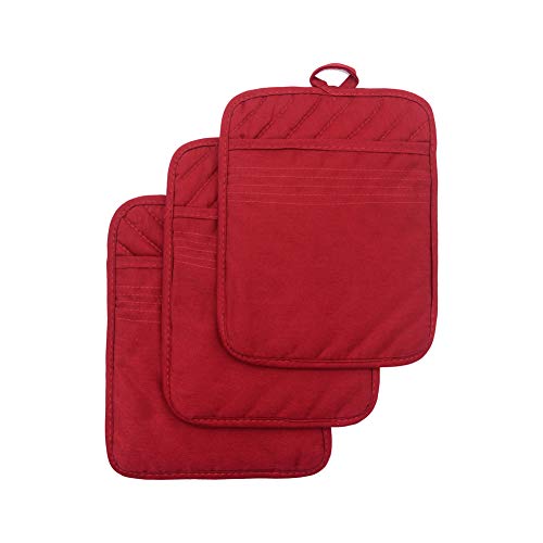 Anyi Oven Pot Holders with Pocket, 100% Cotton Potholders Set with Feature of Heat Resistant Non Slip Kitchen Hot Pad for Cooking Baking, 3-Pack, Red - Thumbnail 7