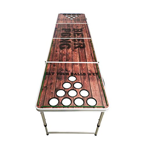 LED Lights Beer Pong Table with Holes for Cups 8' Aluminum Portable Adjustable Folding Indoor Outdoor Tailgate Drinking Party Game Squad Wood Print 08