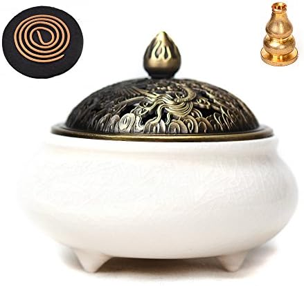 HJXL Ceramic Incense Burner Porcelain Incense Holder,Ice-Patterned Handmade Censer Tang Dynasty Style (White)